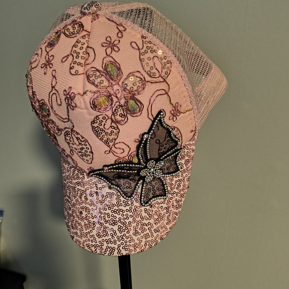 Pink Sequin Mesh Cap with Bow